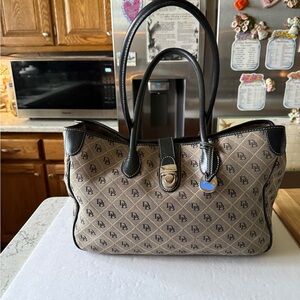 Dooney Bourke Black/Gray Monogram Canvas Leather Tote Travel Bag